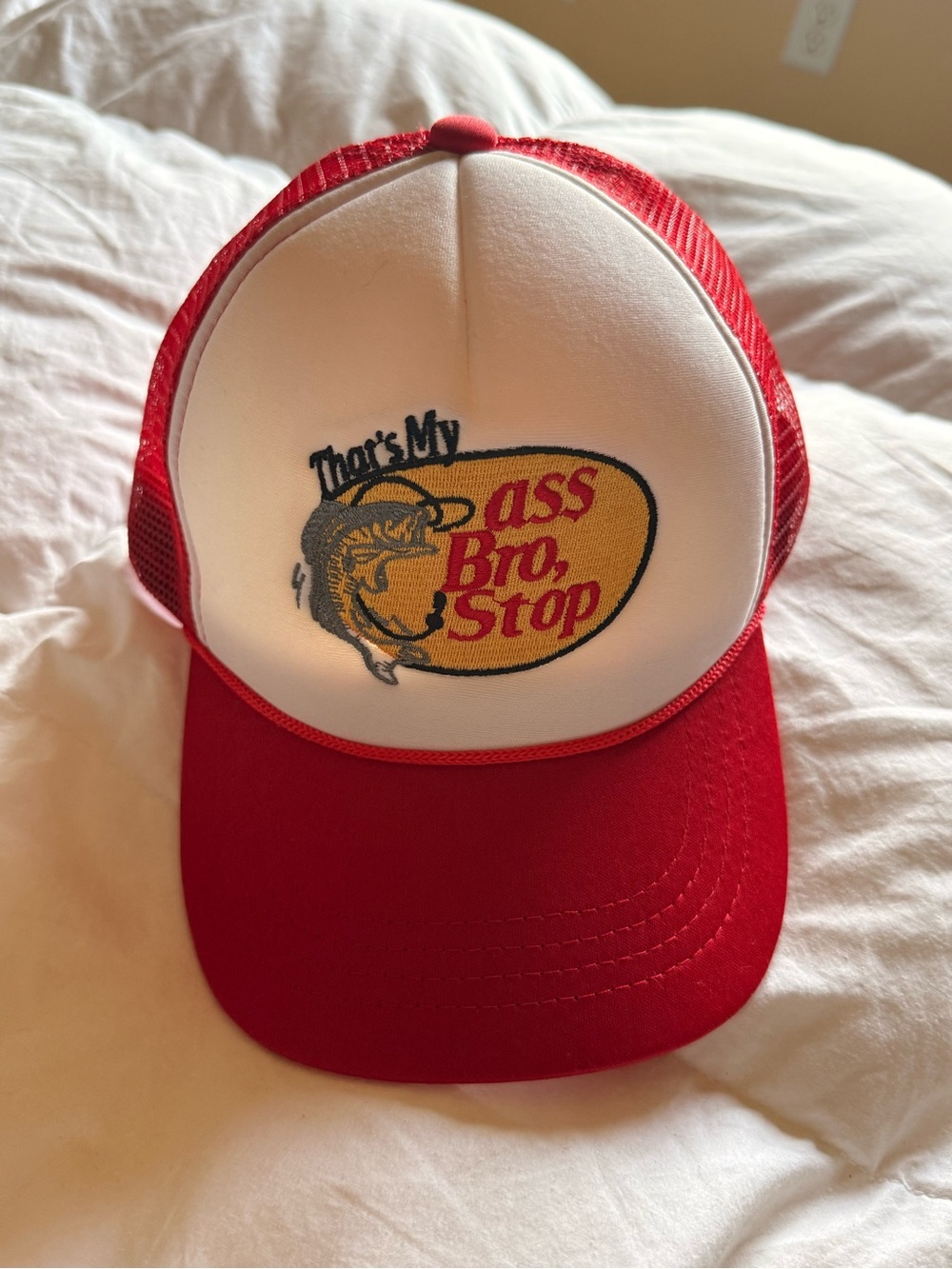 Red and White Trucker Hat with Embroidered Retro Patch